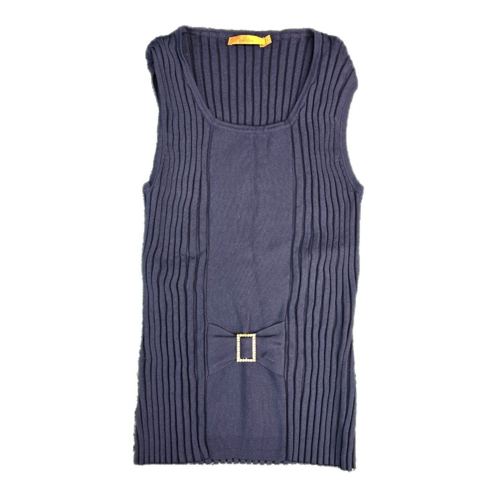 Belldini Blue Stretch Ribbed Sleeveless Large Top With Rhinestone Buckle
